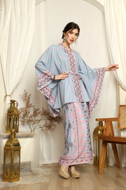 Blue Pink Songket Kebaya Belt Sarong Set Grey