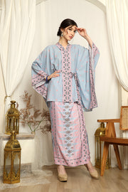 Blue Pink Songket Kebaya Belt Sarong Set Grey