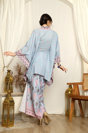 Blue Pink Songket Kebaya Belt Sarong Set Grey