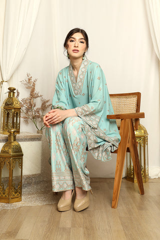 Mint Songket V-neck Pants Set