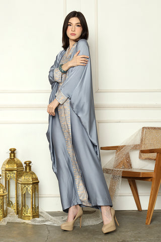 Dusty Blue Plain Long Sleeve Tapis Kaftan