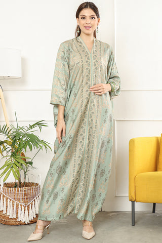 Kanzi Long Sleeve Smokey Green Tapis Kaftan