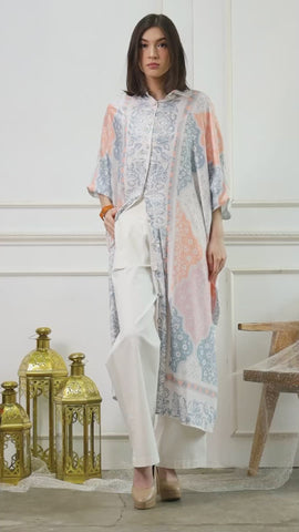 White Geometric 3/4 Sleeve Abstract Collared New Kaftan